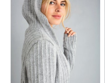 Coat Hoodie KNITTING PATTERN Women/Dk Yarn Hooded Jacket Cardigan Vintage Pattern/Instant PDF Download/Womens Top Hood