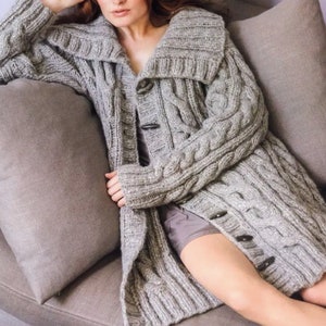 KNITTING PATTERN Cable Coat Jacket Sweater Women/Gray Cable Cardigan Knit Pattern/Instant PDF Download/Womens Top Cable Coat Pattern