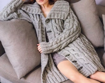 KNITTING PATTERN Cable Coat Jacket Sweater Women/Gray Cable Cardigan Knit Pattern/Instant PDF Download/Womens Top Cable Coat Pattern
