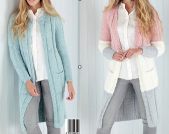 KNITTING PATTERN 2 Easy Chunky Coats Jackets Women/King  Cole Long Cardigans Knit Vintage Pattern/Instant PDF Download/Simple Coats Pattern