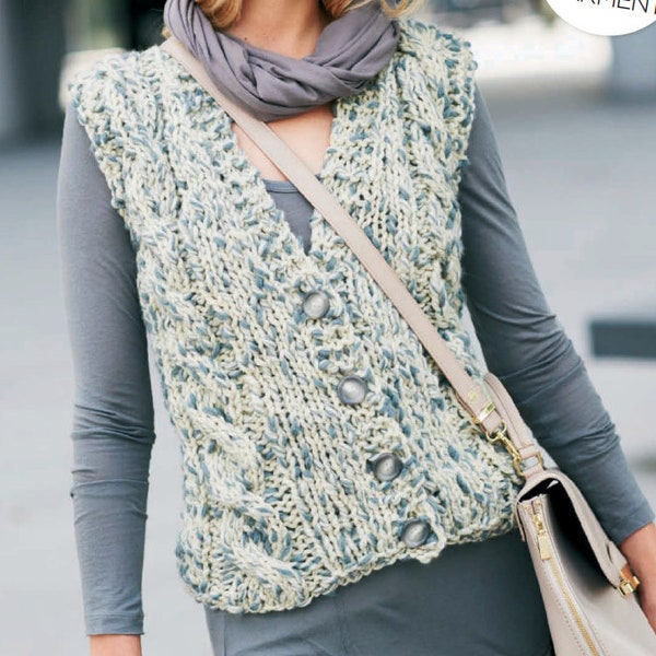 PDF KNITTING PATTERN Easy Chunky Cable Vest Jacket Women/Easy Knit Pattern/Instant Download/Womens Top Chunky Waistcoat Sweater Pattern