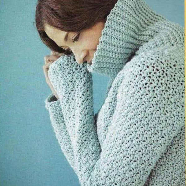 Turtleneck Top Sweater CROCHET PATTERN Women/Aran Medium Yarn Vintage Pattern/Instant PDF Download/Crochet Top Sweater Pullover Pattern