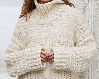 Easy Sweater KNITTING PATTERN/Chunky White Pullover Pattern/Instant PDF Download/Womens Top Beginner