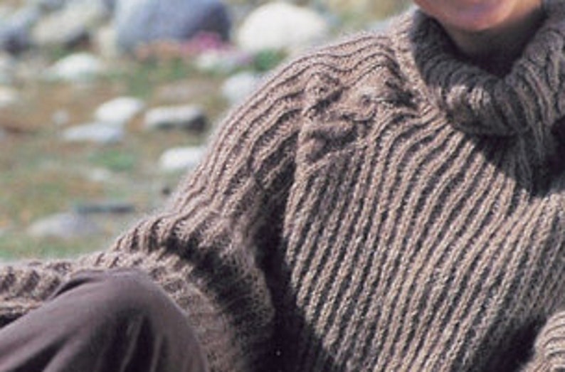 May include: A brown knitted sweater with a turtleneck collar and a ribbed texture.