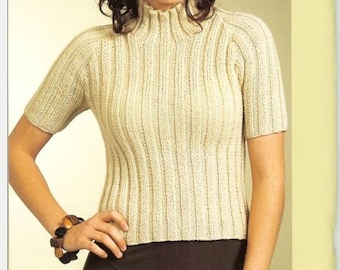 Ribbed Tee KNITTING PATTERN Top Women Turtle Neck/Worsted Yarn/Vintage Knit Pattern Bundle/Instant PDF Download
