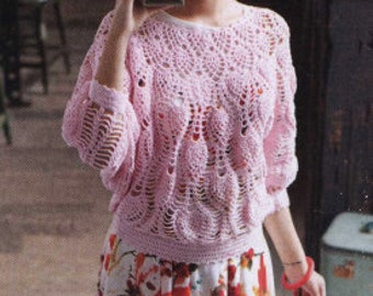 CROCHET PATTERN Loose Top Sweater Women Lace/Vintage Pattern/Instant PDF Download/Crochet Pink Sweater Pullover Pattern
