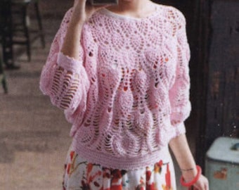 CROCHET PATTERN Loose Top Sweater Women Lace/Vintage Pattern/Instant PDF Download/Crochet Pink Sweater Pullover Pattern