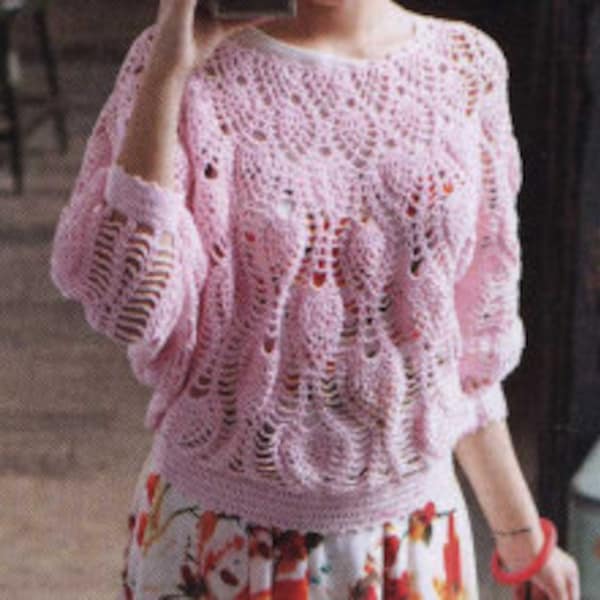 CROCHET PATTERN Loose Top Sweater Women Lace/Vintage Pattern/Instant PDF Download/Crochet Pink Sweater Pullover Pattern