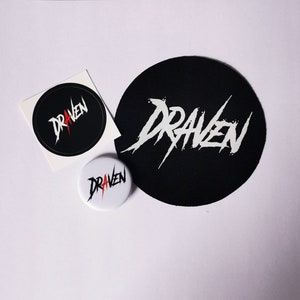 May include: A set of three items featuring the word "Draven" in a white, stylised font. The set includes a black and white round patch, a white sticker with a red lightning bolt, and a white button with a red lightning bolt.