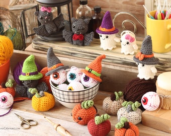 Halloween Crochet Ornament and Decor PDF Patterns | Crochet Witch Hat  | Crochet Pumpkin  | Crochet Ghost  | Crochet Eyeball | Crochet Bat