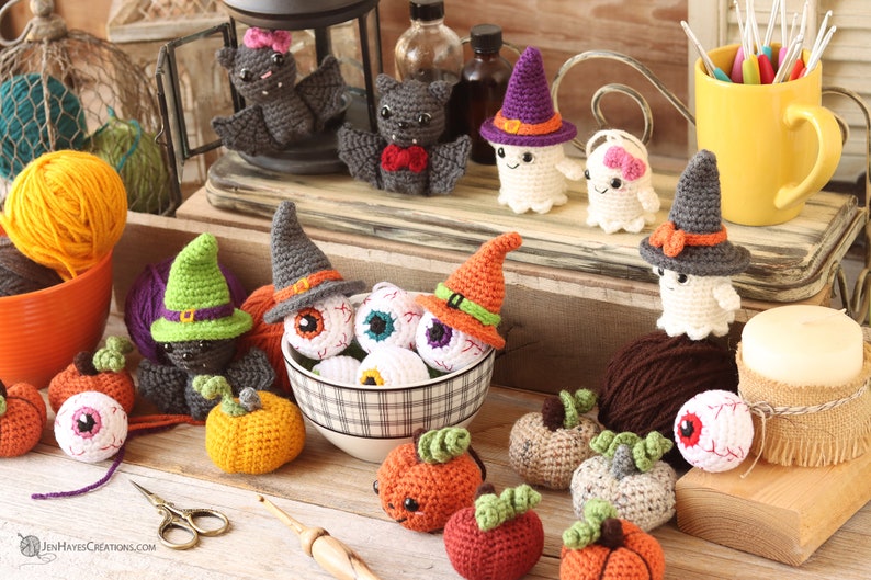 Tiny Halloween Ornament Bundle crochet pattern listing photo by JenHayesCreations