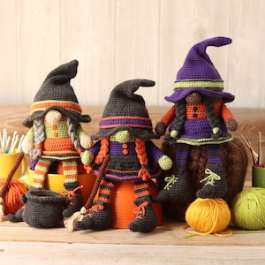 Crochet Witch Gnome Pattern Crochet Witch's Broom Halloween Witch Halloween Gnome PDF Witch's Broom Witch Hat Amigurumi Witch image 1