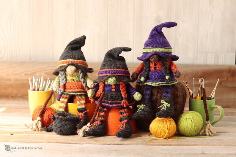 Crochet Witch Gnome Pattern Crochet Witch's Broom Halloween Witch Halloween Gnome PDF Witch's Broom Witch Hat Amigurumi Witch image 1