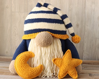 Sleepy Time Crochet Gnome with Star and Moon Pillows (PDF Pattern)