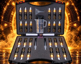 May include: A black carrying case containing twenty-two small glass vials with gold dropper caps, a clear plastic measuring pitcher, a small funnel, and two pipettes. Each vial features a label with the text "Mystic Flavor" in gold lettering.