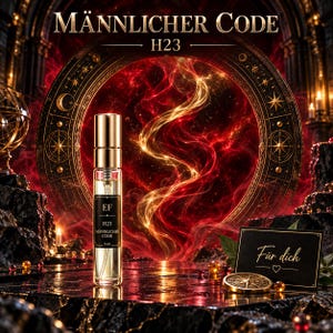 Könnte beinhalten: Ein 5 ml Glas-Parfümspray mit goldenem Verschluss und einem schwarzen Etikett mit der Aufschrift EF H23 MÄNNLICHER CODE. Die Flasche steht auf einer dunklen Oberfläche neben einer schwarzen Karte mit dem Text Für dich und einem goldenen Objekt.
