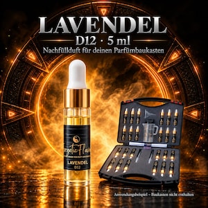 Könnte beinhalten: Eine 5 ml Glas-Pipettenflasche mit der Aufschrift LAVENDEL D12, goldenem Verschluss und weißer Spitze, neben einem offenen schwarzen Koffer mit zahlreichen kleinen Fläschchen, einem Trichter und einem Messbecher für ein Parfüm-Set.