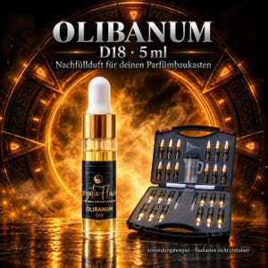 Könnte beinhalten: Eine 5 ml Glas-Tropfflasche mit Olibanum D18 Duftöl, ausgestattet mit einem goldenen Verschluss und weißer Kappe. Daneben steht ein offener schwarzer Koffer mit mehreren kleinen Fläschchen, einem Trichter und einem Messbecher als Anwendungsbeispiel.