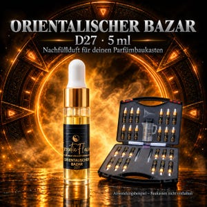 Könnte beinhalten: Ein 5 ml Glasfläschchen Orientalischer Bazar Duft mit weißem Tropfverschluss und schwarzem Etikett mit Yin-Yang-Symbol. Daneben befindet sich ein geöffneter schwarzer Koffer mit mehreren kleinen Fläschchen, einem Trichter und einem Messbecher.