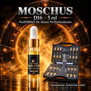Könnte beinhalten: Eine 5 ml Glasflasche mit Moschus D16 Duft, weißem Tropfverschluss und schwarzem Etikett mit Yin-Yang-Symbol. Daneben steht ein offener schwarzer Koffer mit mehreren kleinen Fläschchen, einem Trichter und einem Messbecher für die Parfümherstellung.