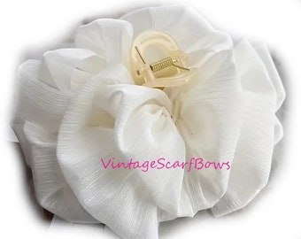 White shimmer hair claw clip chiffon Barrette scarf Hand crafted over sized hair bow for women (hc1A)