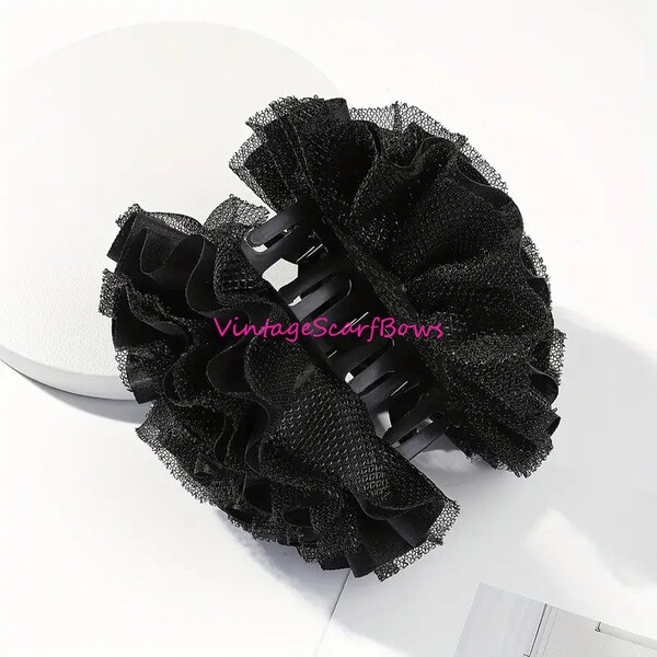 Black chiffon mesh hair claw clip Barrette scarf Hand crafted over sized hair bow for women (hc9)