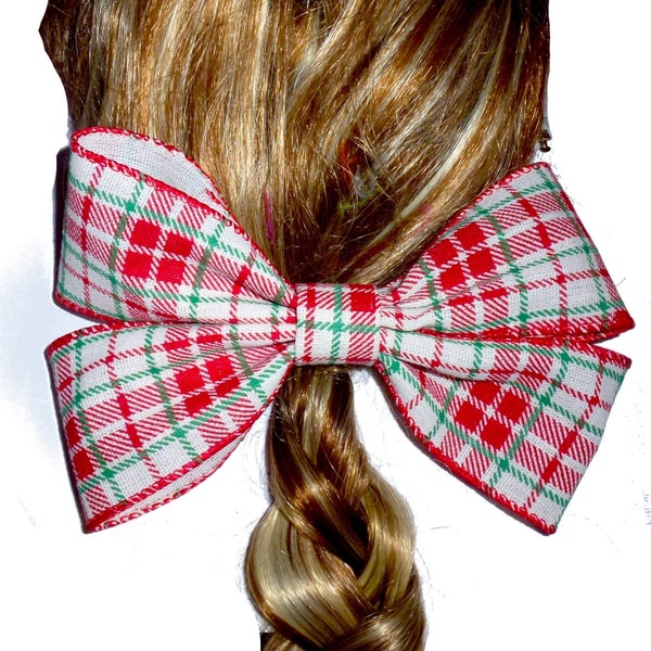 Ladies Barrette satin Hand crafted over sized BIG hair ribbon bow Women XL "Irene" plaid Christmas (VSB32)