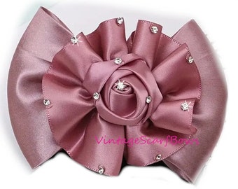 Mauve rhinestone rose Ladies Hair Barrette scarf Hand crafted  hair bow for women (VSB69)