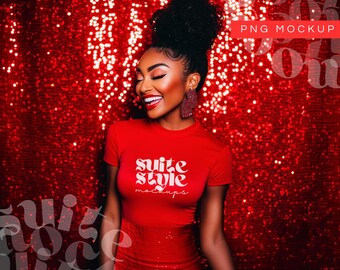 No. 145 | Black Woman Sparkle Valentines Day T-shirt Mockup | Black Woman Red T-shirt Mockups | African-American Woman Red Tshirt Mockup
