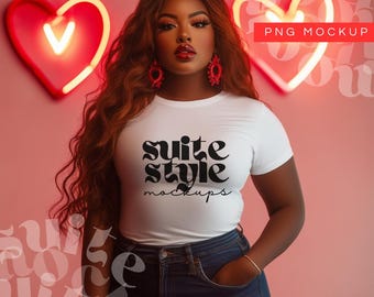 No. 176 | Black Woman Valentines Day T-shirt Mockup | Plus-Size Black Woman White T-shirt Mockup | African-American Woman Tshirt Mockup