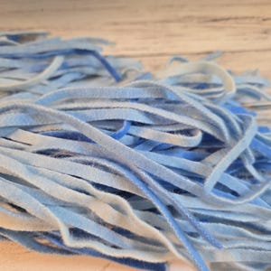 May include: A collection of thin, flexible strips in various shades of blue, ranging from pale sky blue to deep royal blue. The strips have a soft, felt-like texture and are arranged in a dense, overlapping cluster, creating a layered appearance.