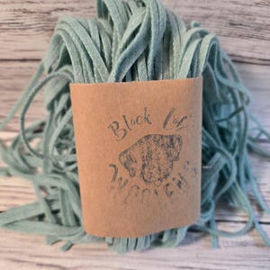 May include: A bundle of light blue suede leather cord, approximately 10 feet long, with a brown paper label that reads "Black Lab Creations".