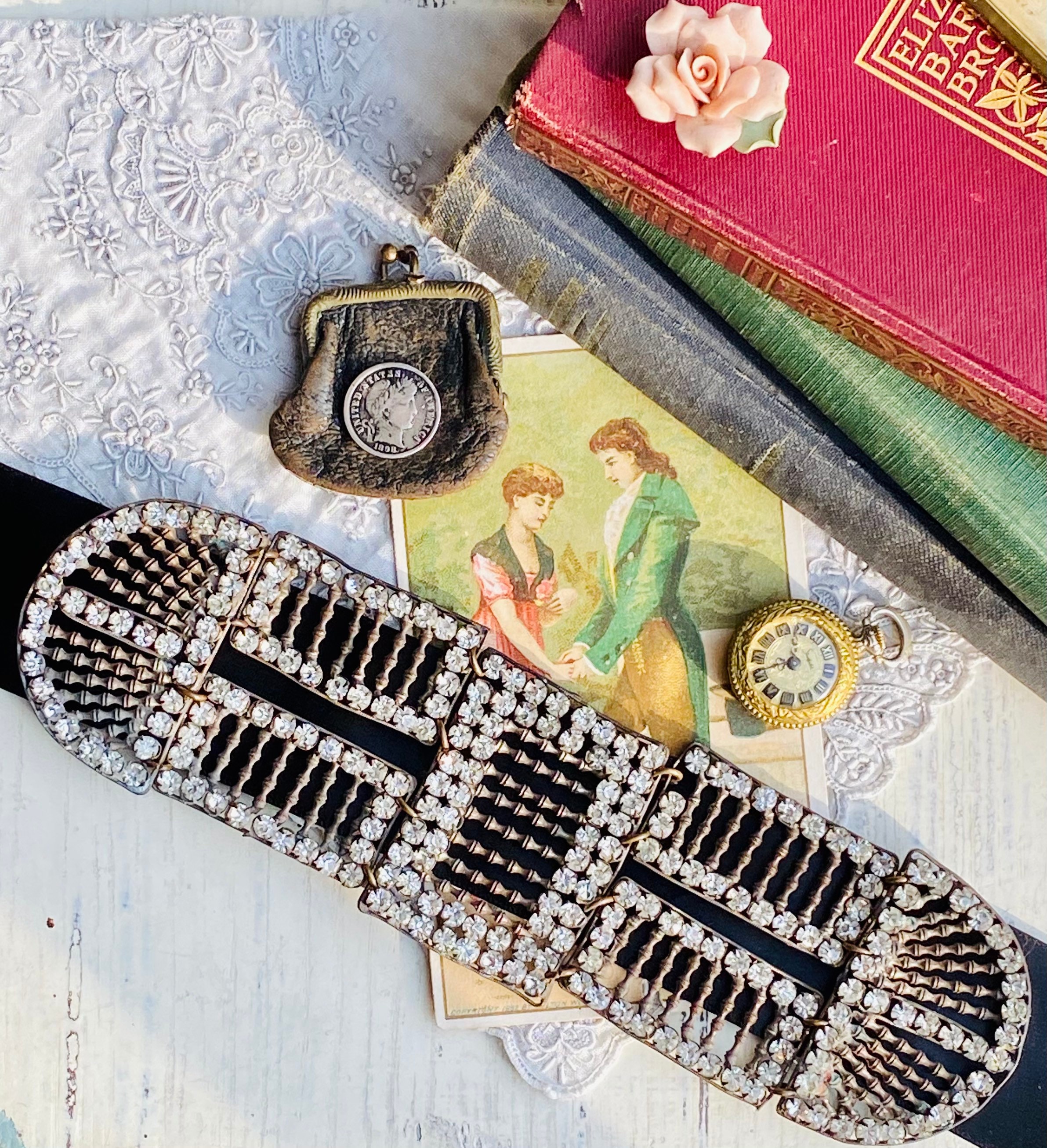 Stralende antieke strass sjerp riem gesp