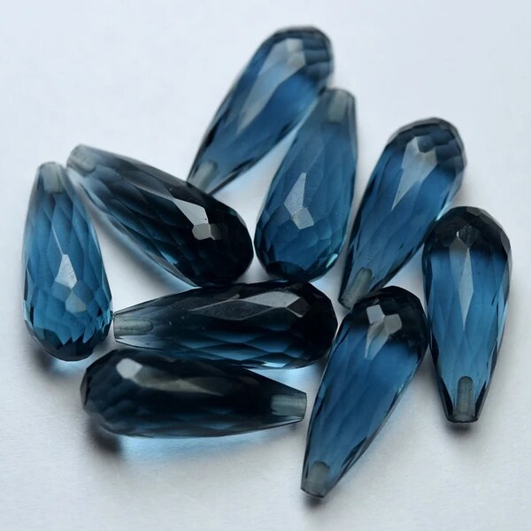 HALF DRILL,1 Match Pair,London Blue Quartz Faceted Drops Shape Briolettes 8x20mm