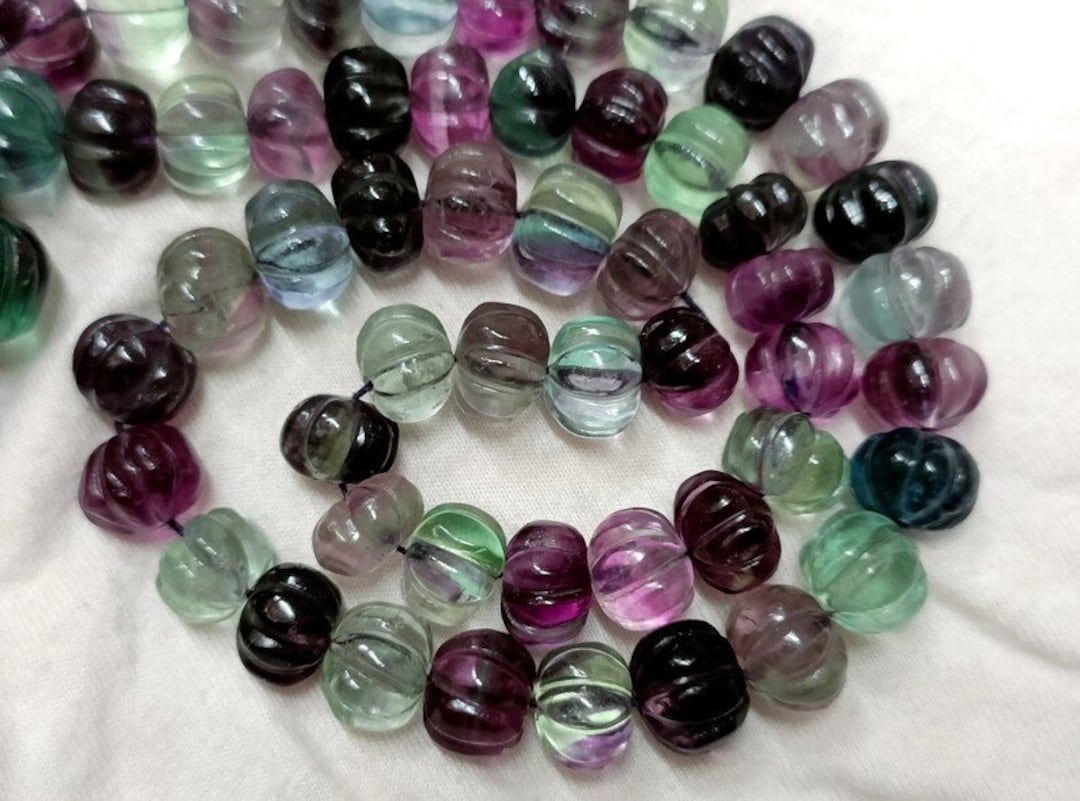 Collier Perles Fluorite Naturelle Sculptée Main – Longueur 7 Pouces, Pierre Véritable