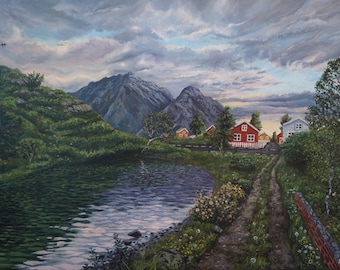 Summer anticipation, large landscape oil painting of Lofoten, Norway, folk landscape