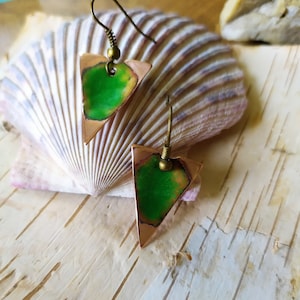 Vibrant green enamel copper earrings, Simple drop earrings, Triangle Minimalist Earrings