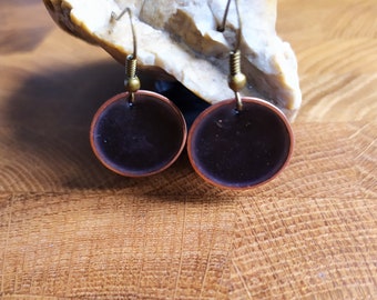 Dark amethyst enamel copper earrings, Round drop earrings, Minimalist round earrings