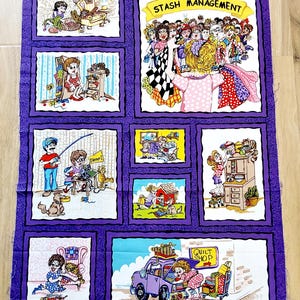May include: A purple and white fabric panel featuring cartoon illustrations about "Stash Management." The panel has a purple border and contains various scenes of people with sewing and quilting supplies. The text "Stash Management" is displayed on a yellow banner.