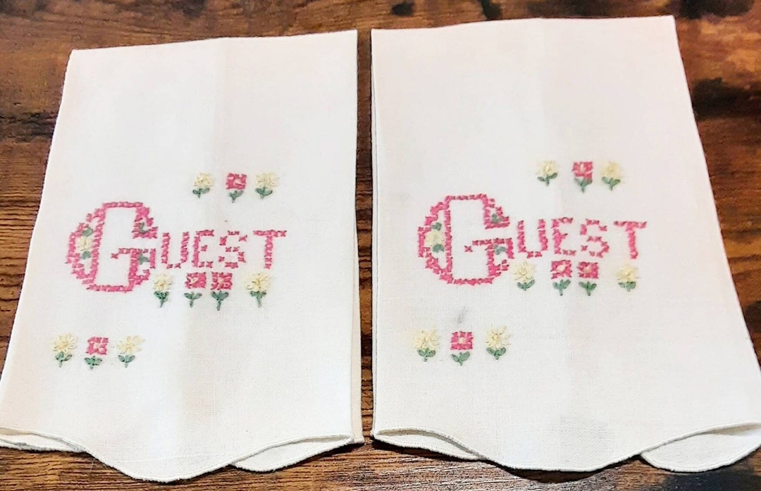 Set of Two Vintage Embroidered Hand Towels for Guest Bathroom Etsy