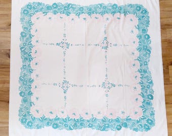 Vintage 1950s Turquoise Green and Pink Floral Tablecloth
