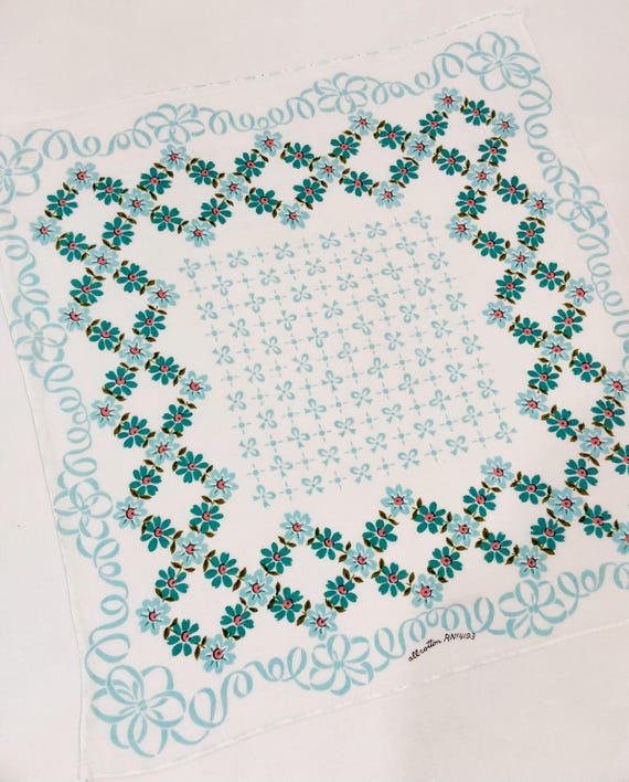 Vintage All Cotton Turquoise Hankie with Flowers and Bows