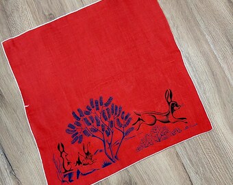 Vintage 1950s Handkerchief that Features Rabbits in Desert Signed Welch