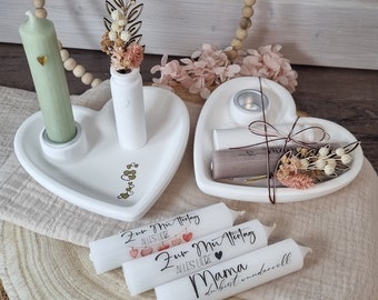 Candle set for Mother's Day | Candle holder heart hand-painted | Candle plate for stick candles made of Xyrarock Raysin Keraflott | Candle selection