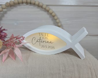 Tischdekoration Fisch 2 zu Taufe Kommunion Konfirmation Firmung | Gastgeschenk | Ballonlicht | personalisierbar mit Name und Datum