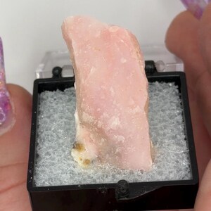 May include: A light pink opal gemstone displayed in a black plastic case with a clear lid. The opal has a rough, textured surface and a pale, translucent appearance. The case is lined with a gray, textured material.