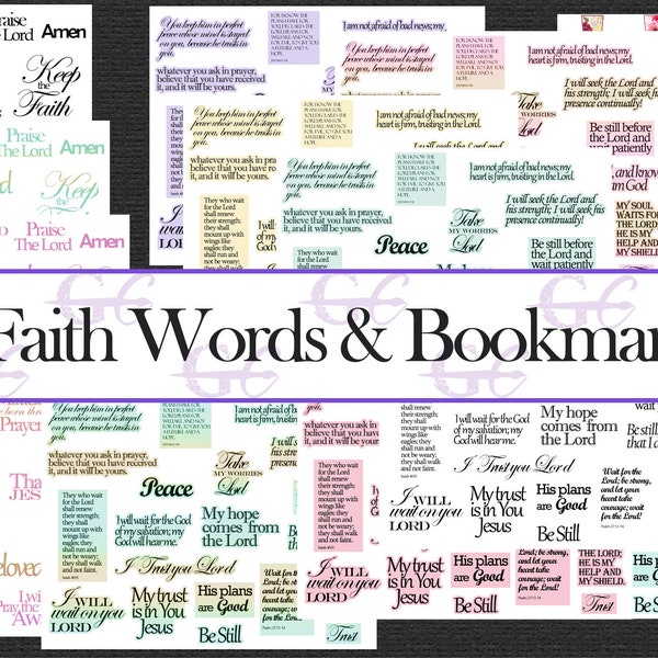 Faith Words and Bookmarks: Printable kit for bible journaling, scrapbooking, faithdex cards, praise and prayer journal