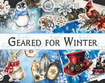 May include: A collage with a winter theme, featuring a penguin in a blue scarf, a rabbit with a red scarf, and a cardinal. The text "Geared for Winter" is displayed. Decorative elements include snowflakes, gears, and a train.