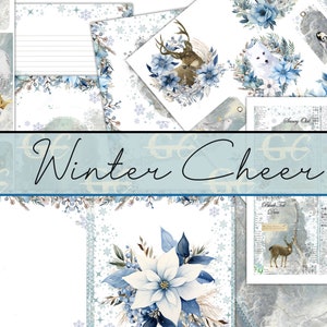 Winter Cheer:  Printable Crafting Set for Junk Journals, Scrapbooks, Stationery,Artic Animals, Floral Wreaths, Cards, tags
