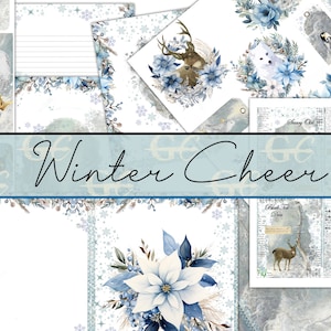 Winter Cheer:  Printable Crafting Set for Junk Journals, Scrapbooks, Stationery,Artic Animals, Floral Wreaths, Cards, tags